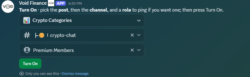 The private panel with Crypto Categories as the post, #crypto-chat as the channel and Premium Members as the role to ping